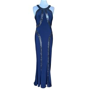 Faviana Navy Blue Sequin Panel Halter Gown Formal Evening Dress Size 6 Prom